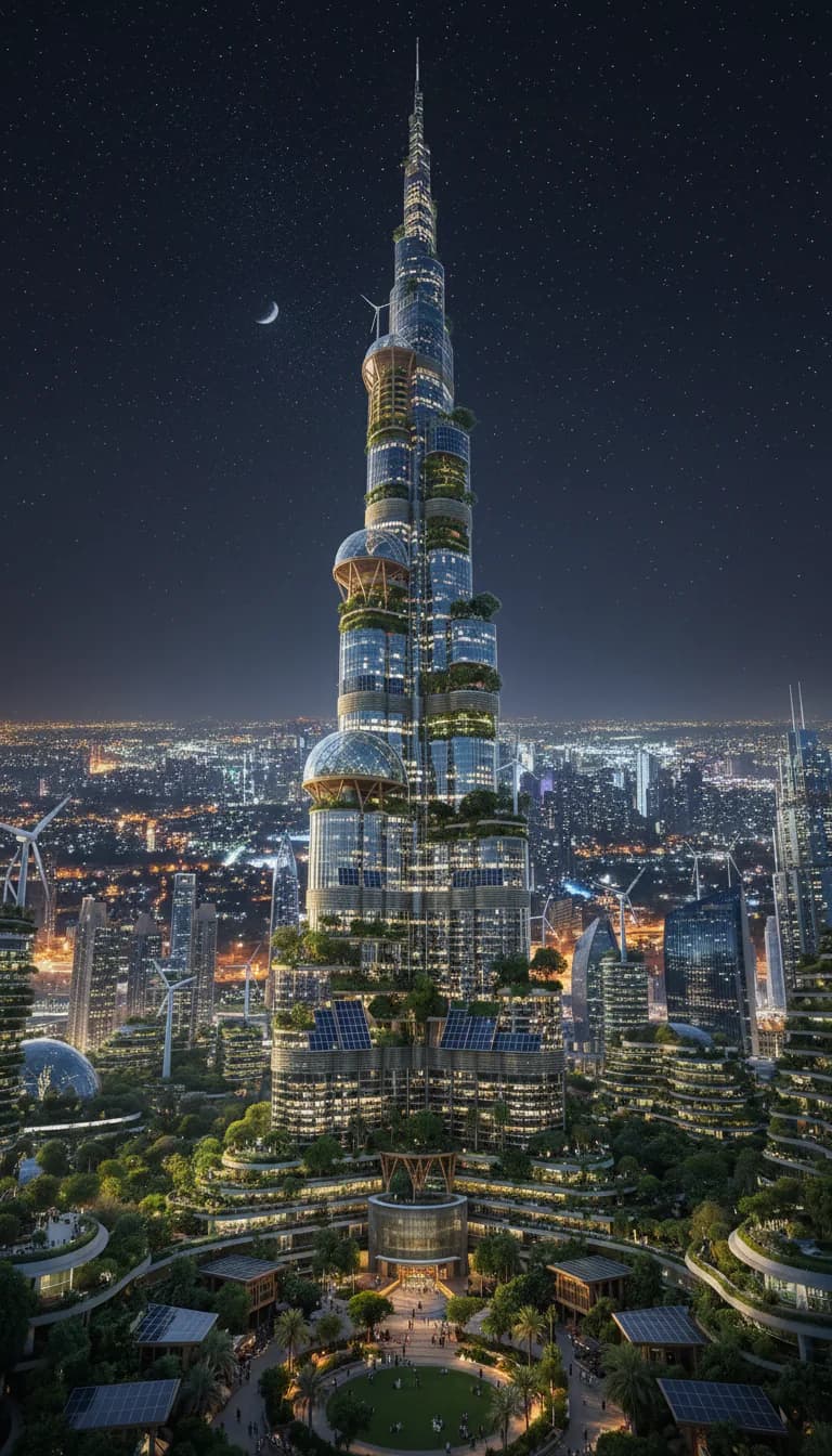 Urban scene turned to nighttime with city lights glowing