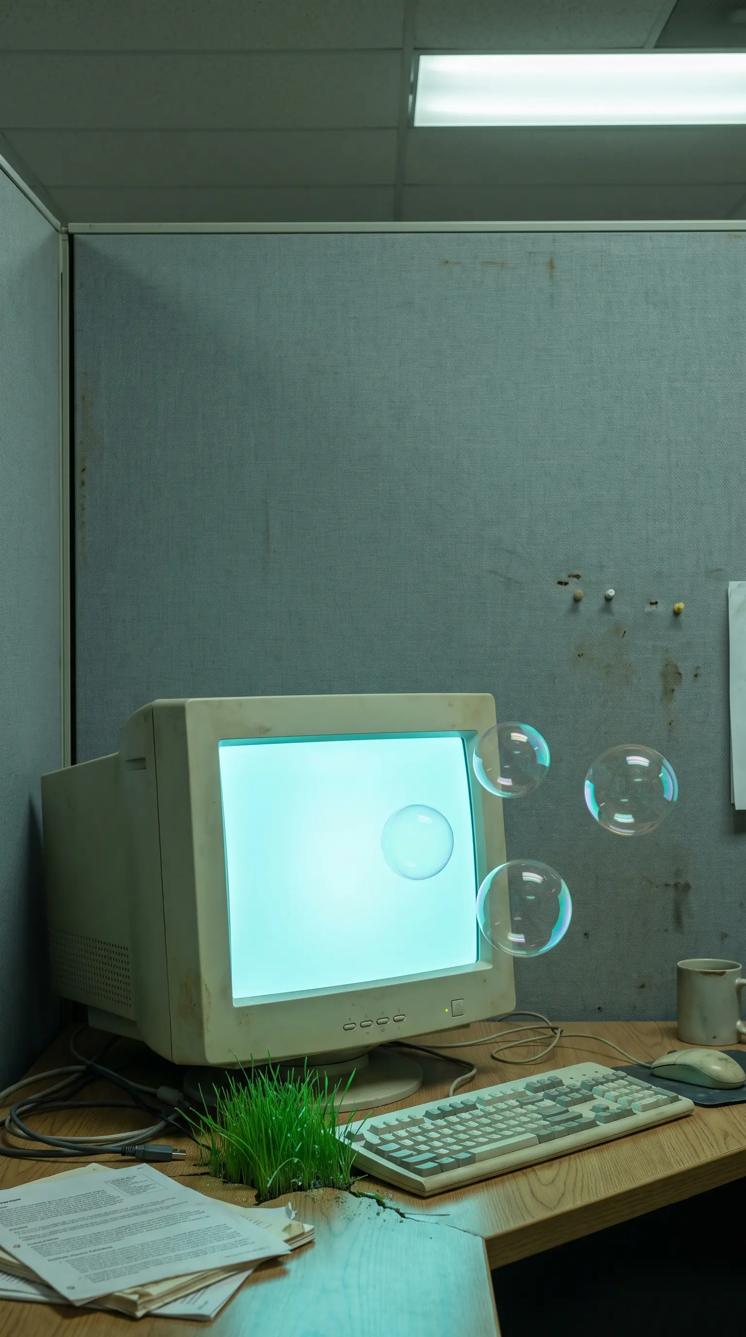 A 2003 office cubicle with a CRT monitor breathing out iridescent bubbles