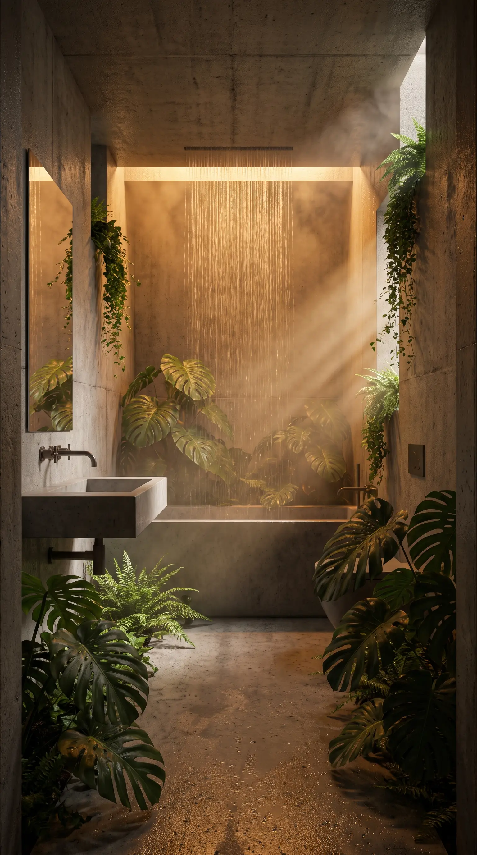 Brutalist bathroom turned into an indoor rainforest with controlled rainfall