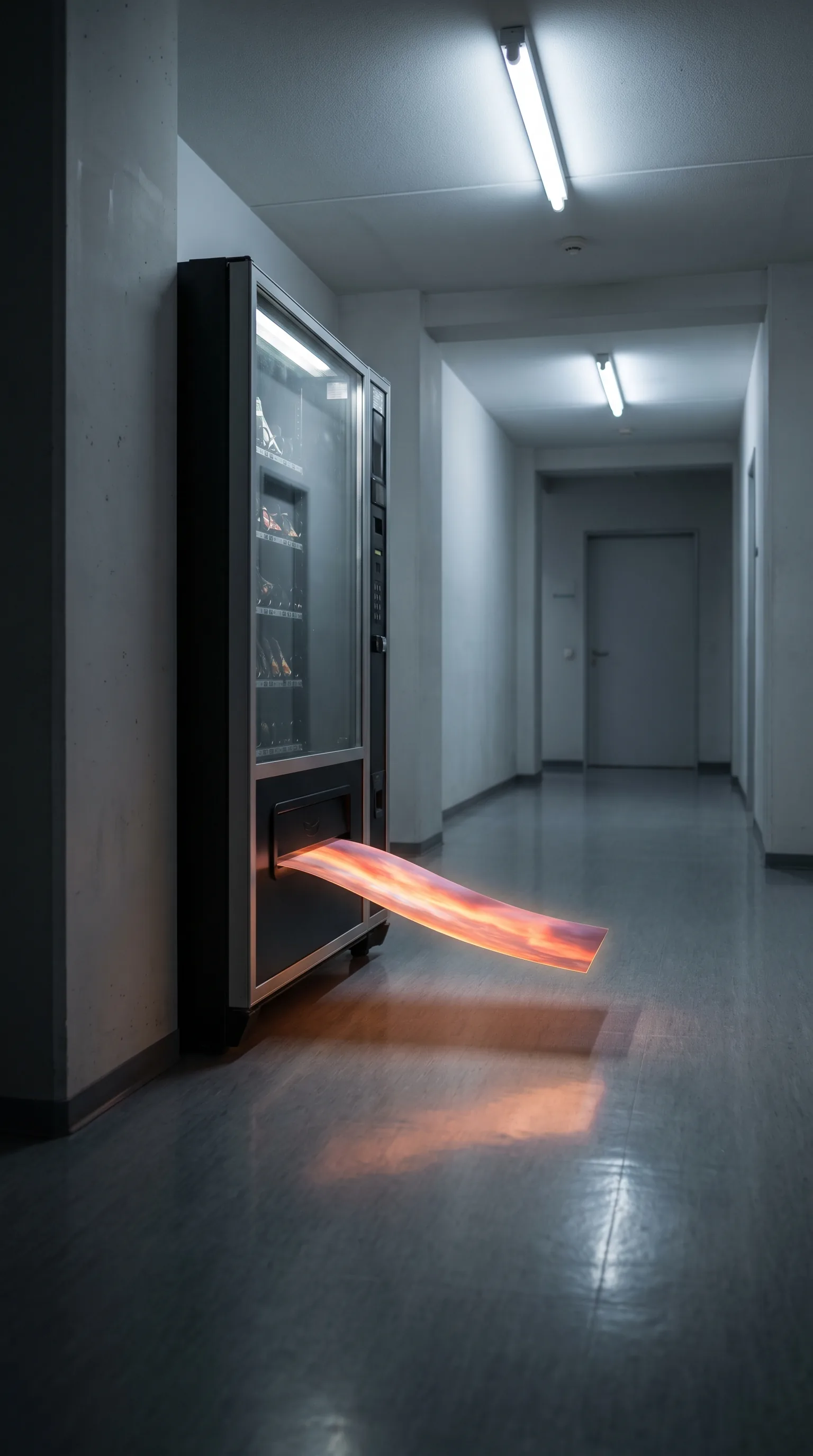 Vending machine in a night hallway with a ribbon of sunset light emerging from the slot