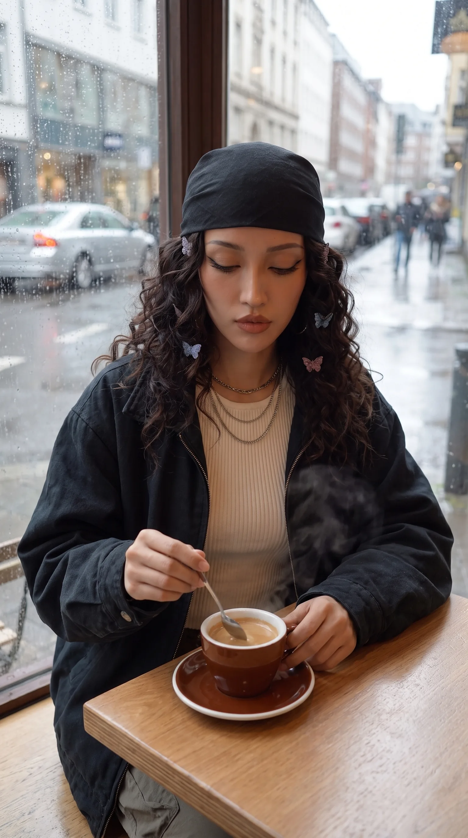 Woman about to stir an espresso by a rainy café window (synthetic avatar)