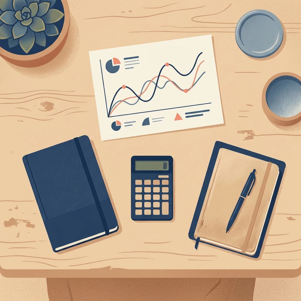 Illustration vue de dessus d’une table avec deux carnets, une calculatrice et un graphique abstrait, en bleu encre, sable et corail