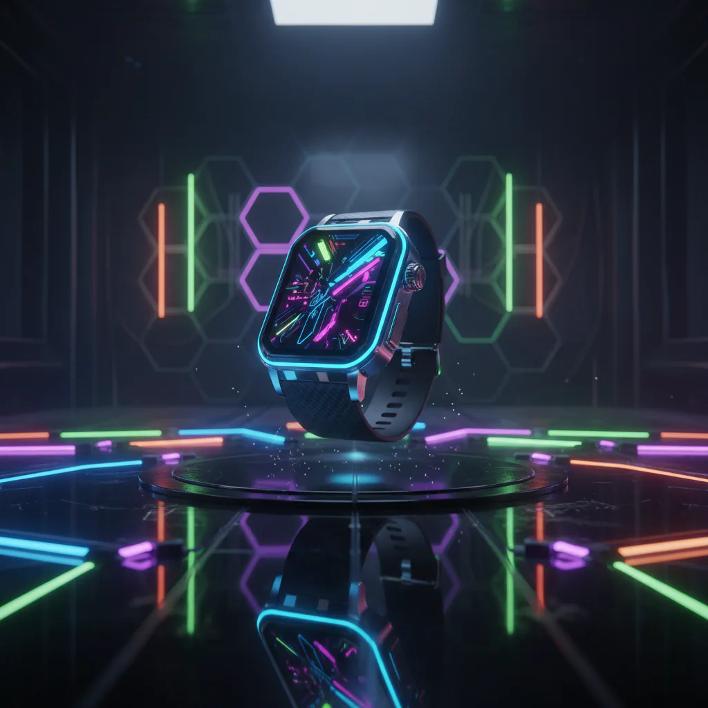 Smartwatch floating over a reflective surface with neon lighting