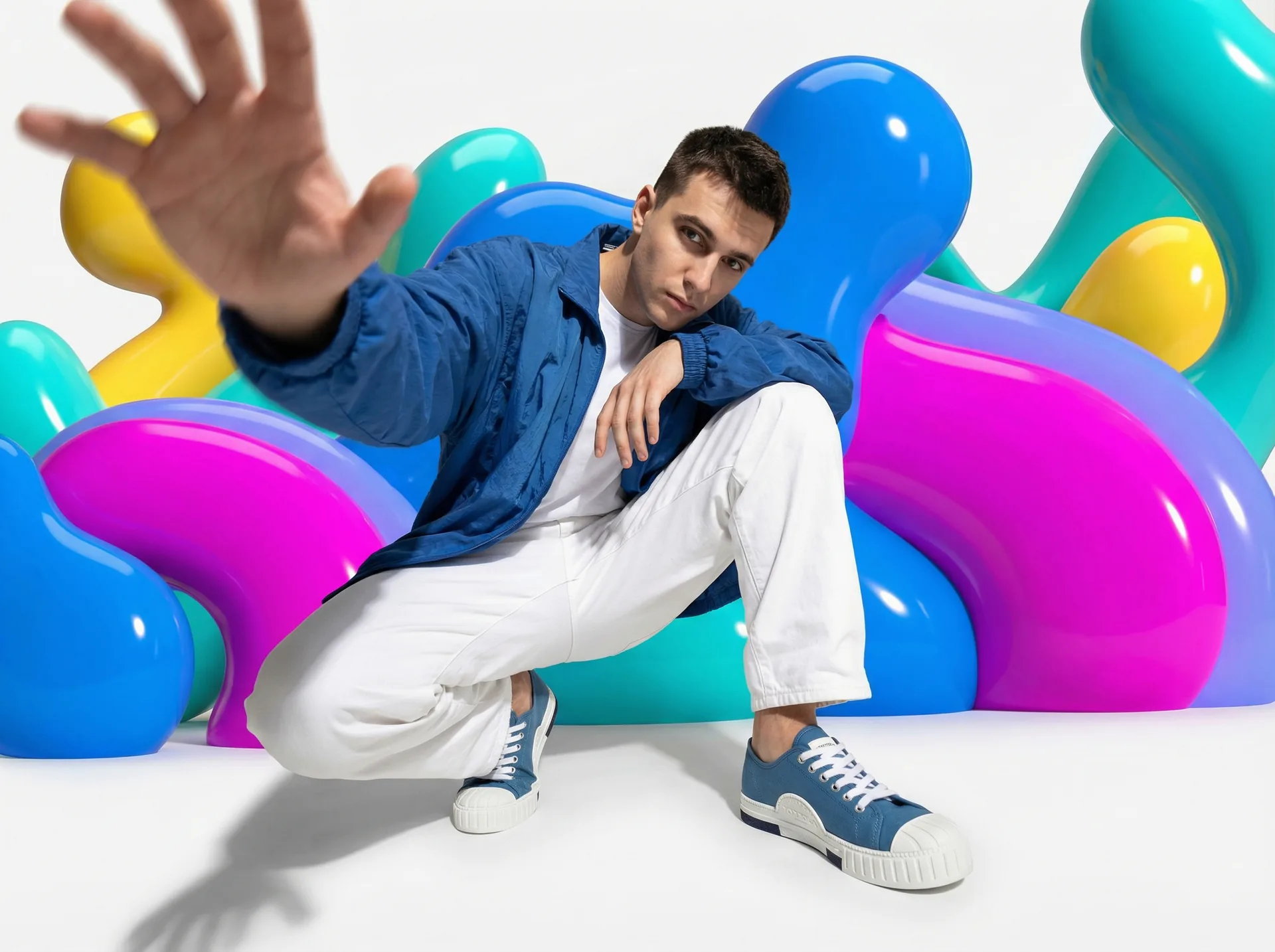 Fashion editorial: young man crouched at a wide-angle lens, hand toward the camera