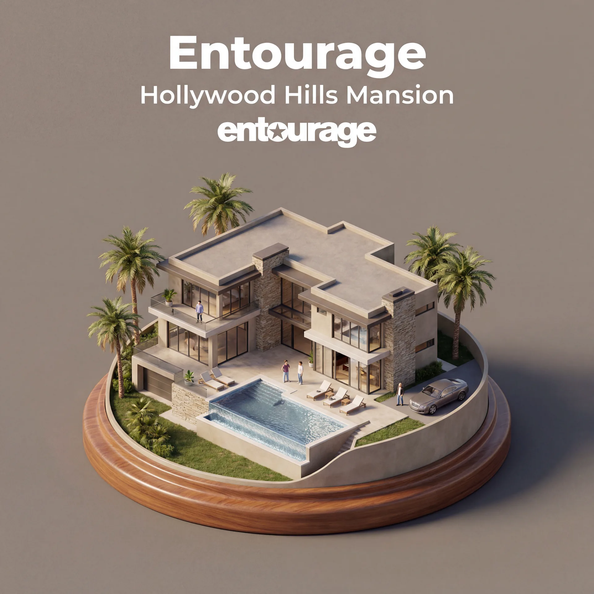 Isometric 3D miniature diorama of a Hollywood Hills mansion