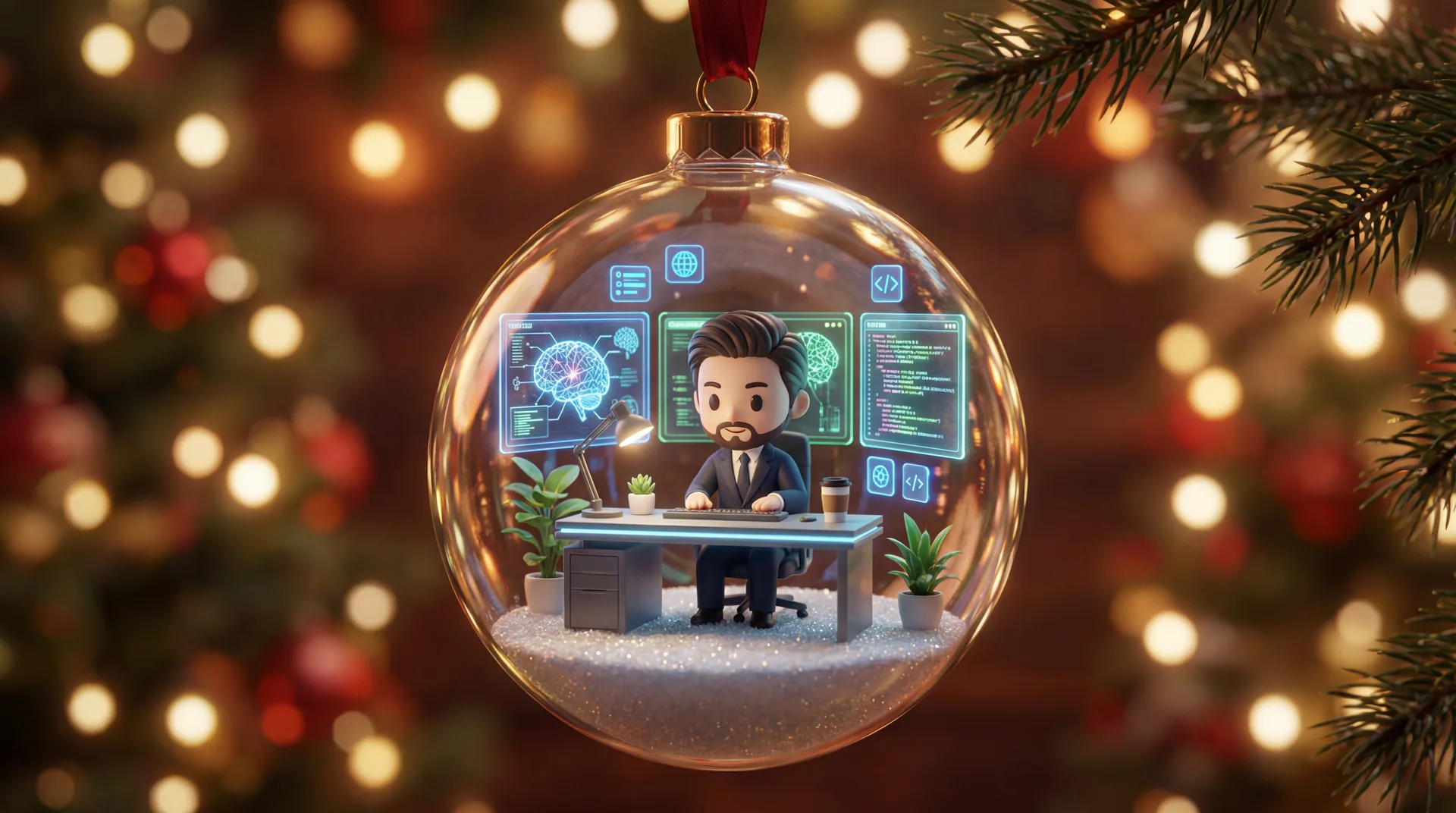 Transparent Christmas bauble holding a miniature diorama of a chibi character at a futuristic desk