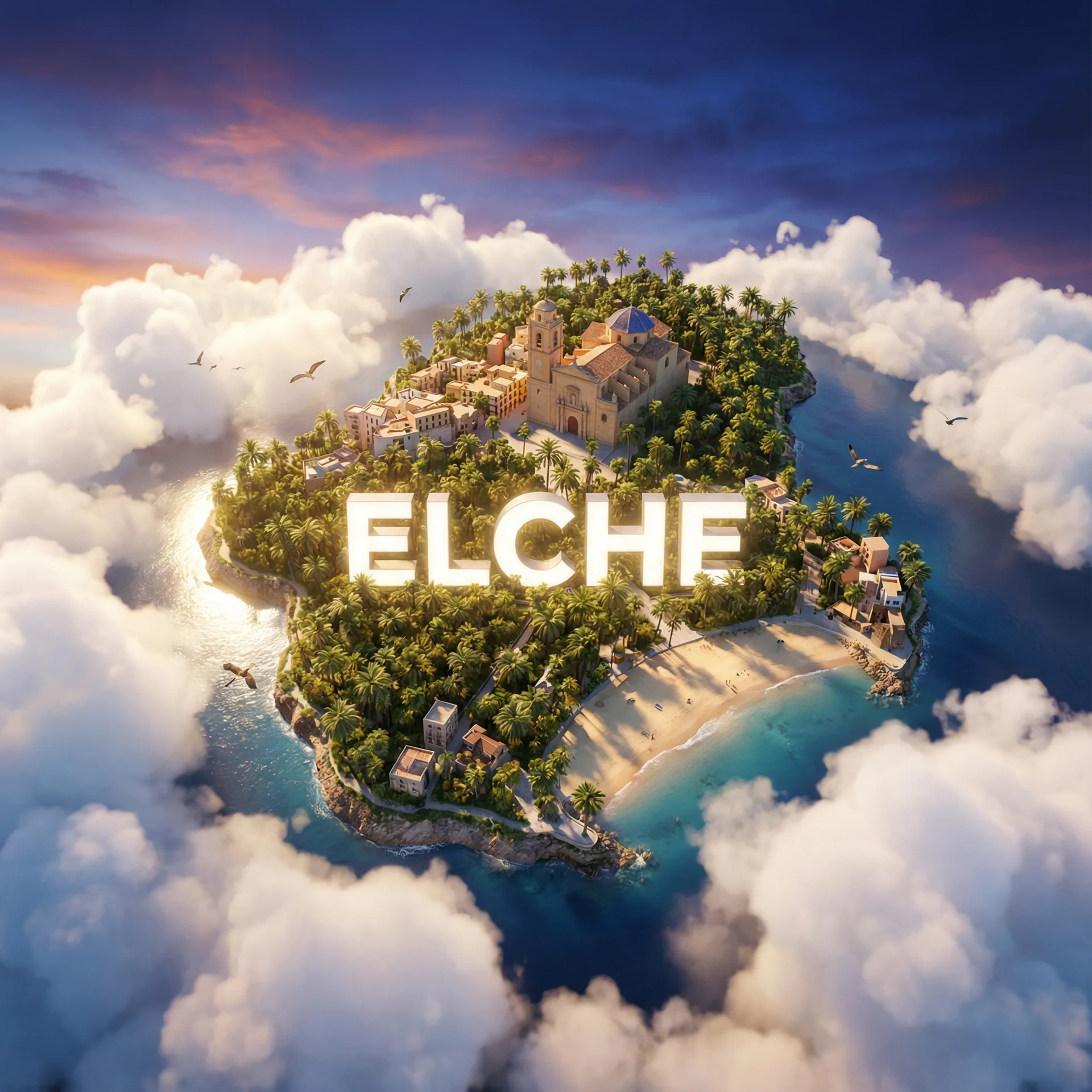 Hyper-realistic poster of a floating miniature island shaped like the city of Elche