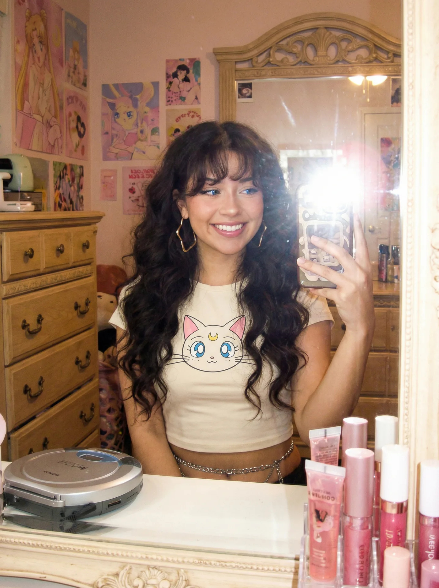 Y2K-style mirror selfie of a young woman with long dark hair (synthetic person)