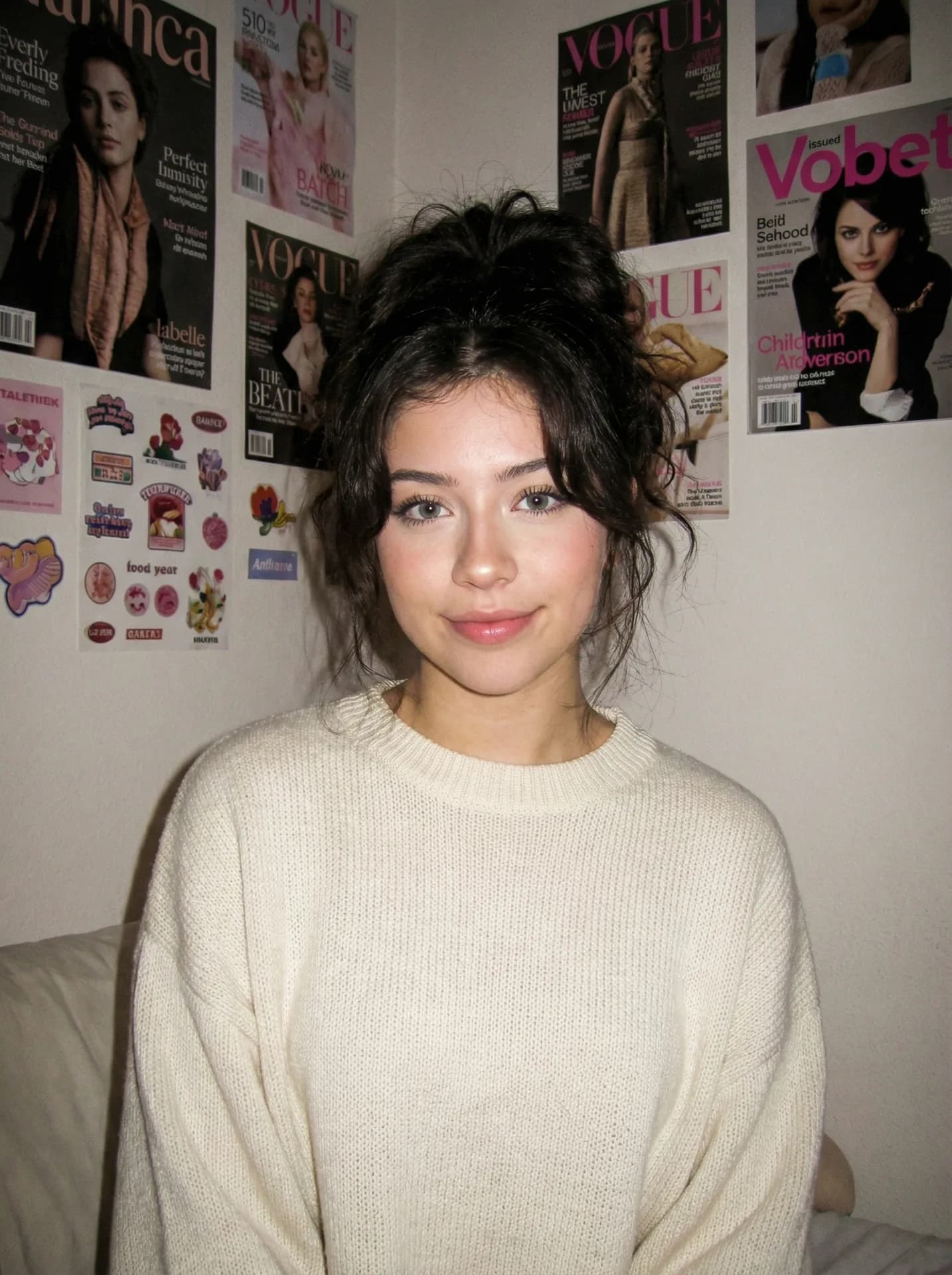 Portrait of the same synthetic woman with a casual updo