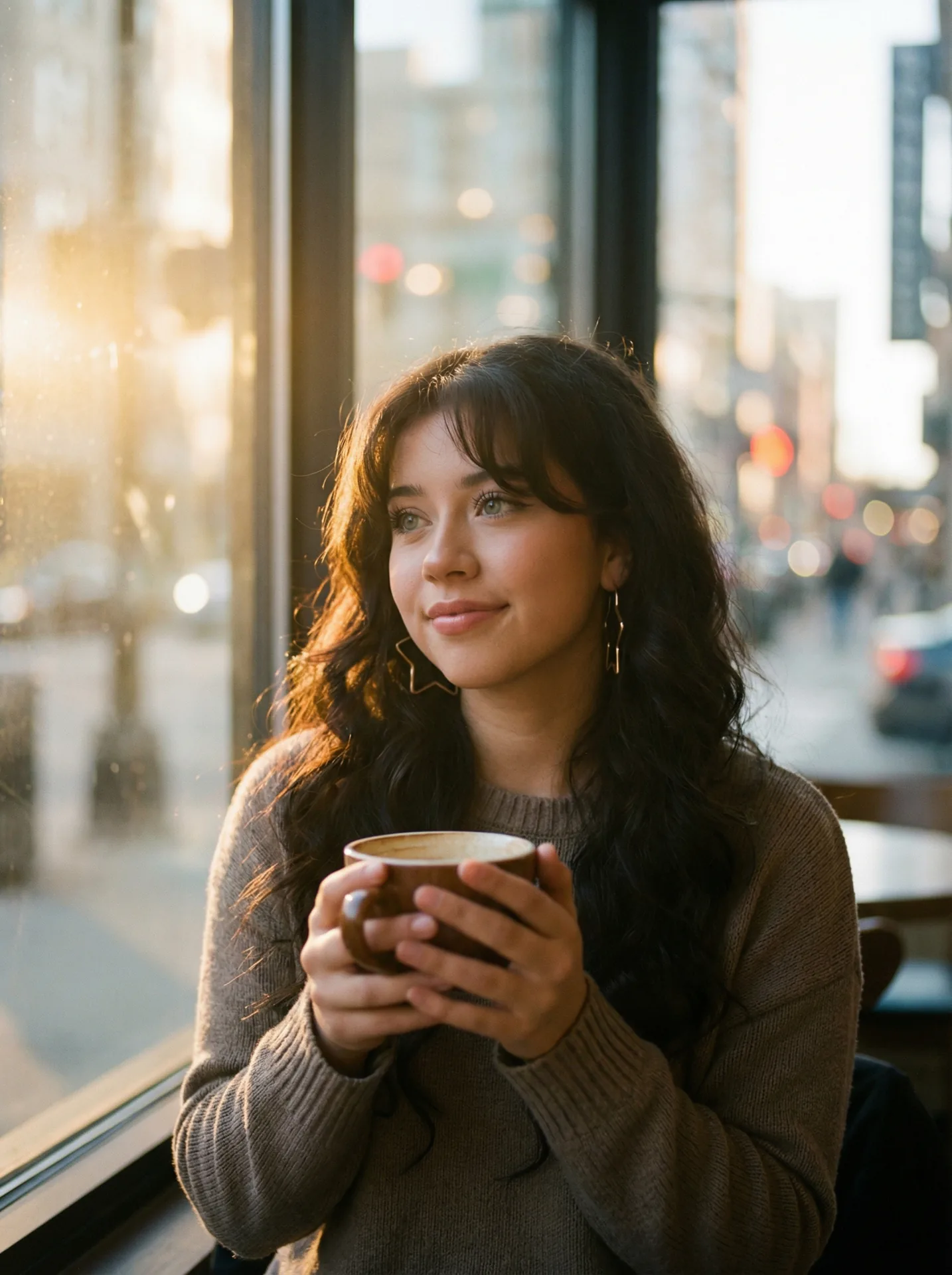 Cinematic portrait by a café window at golden hour