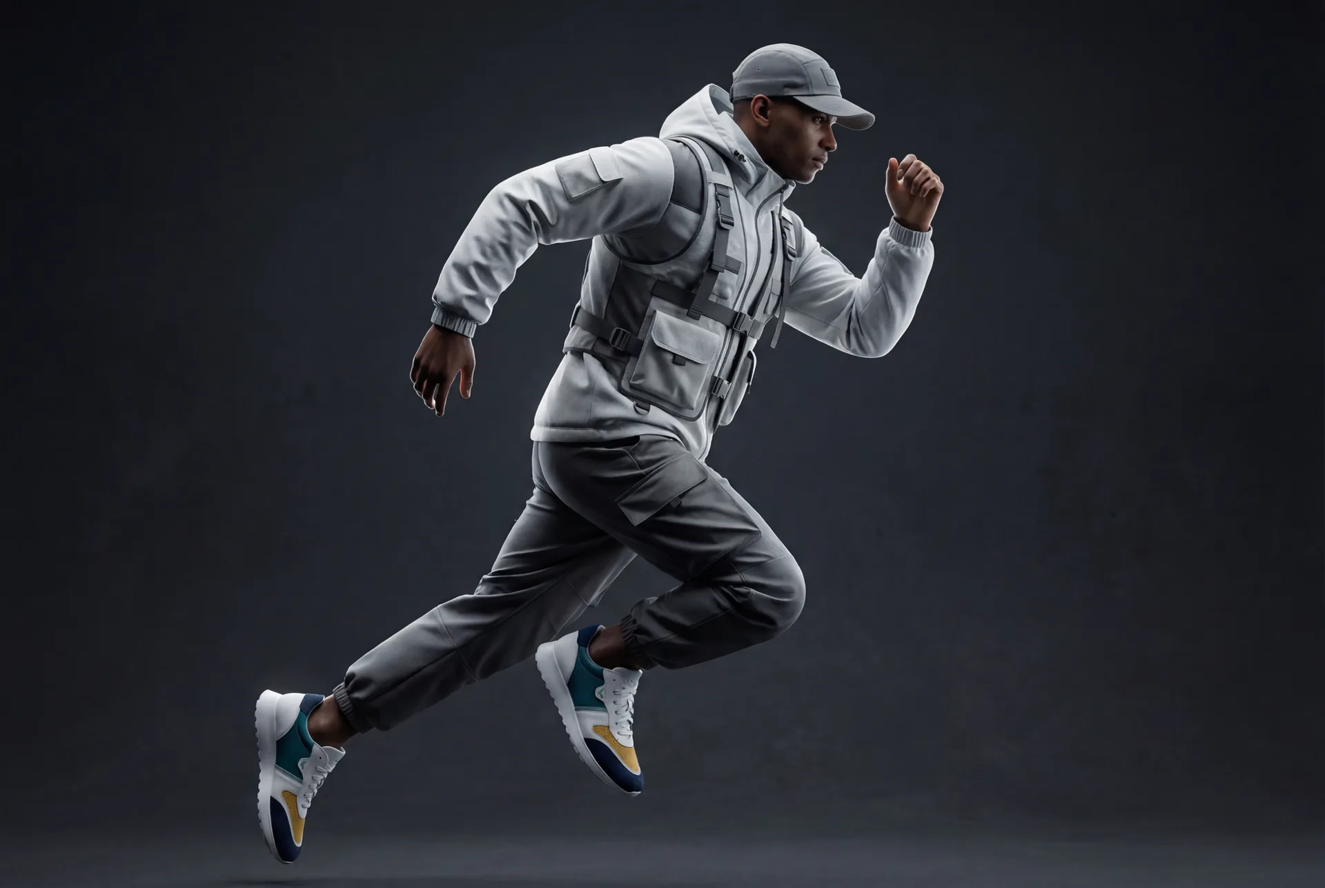 Futuristic athlete mid-leap in white and navy sneakers, 3D render