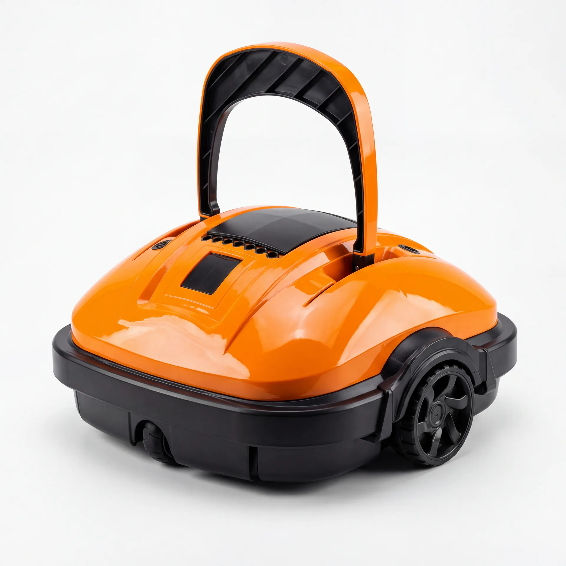 Product photo of an orange robotic pool cleaner generated from a sketch