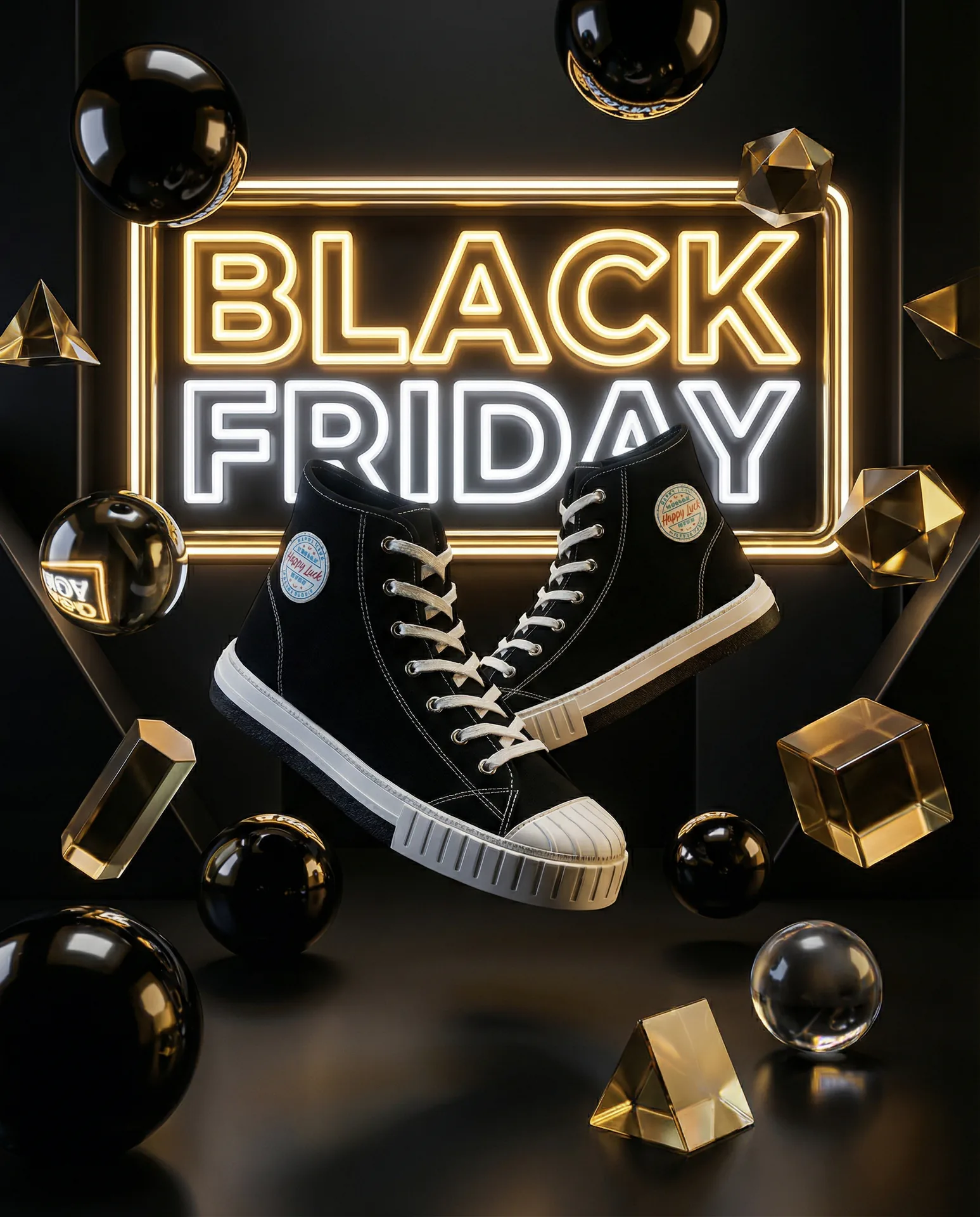 3D advertising composition with sneakers floating among black and gold geometric shapes