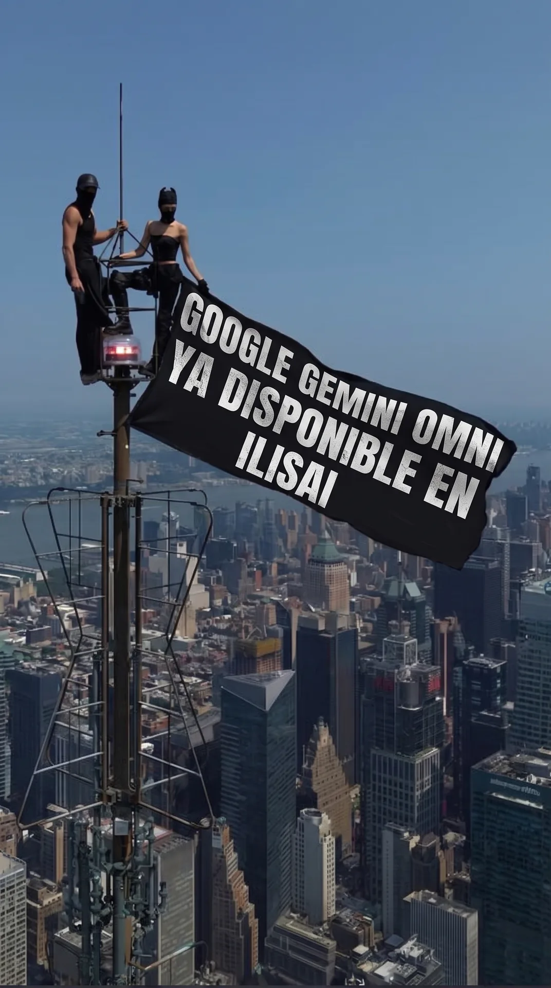 Two people atop a tower holding a large black banner with edited text