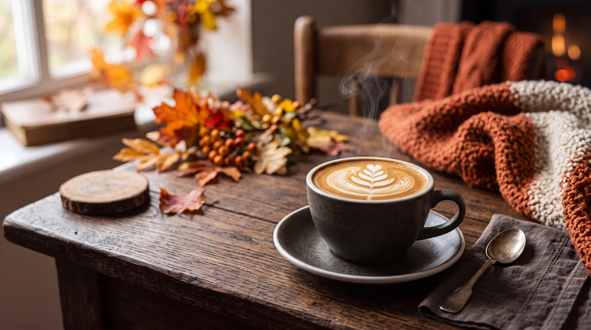 Food photography of a latte with latte art in an autumn setting