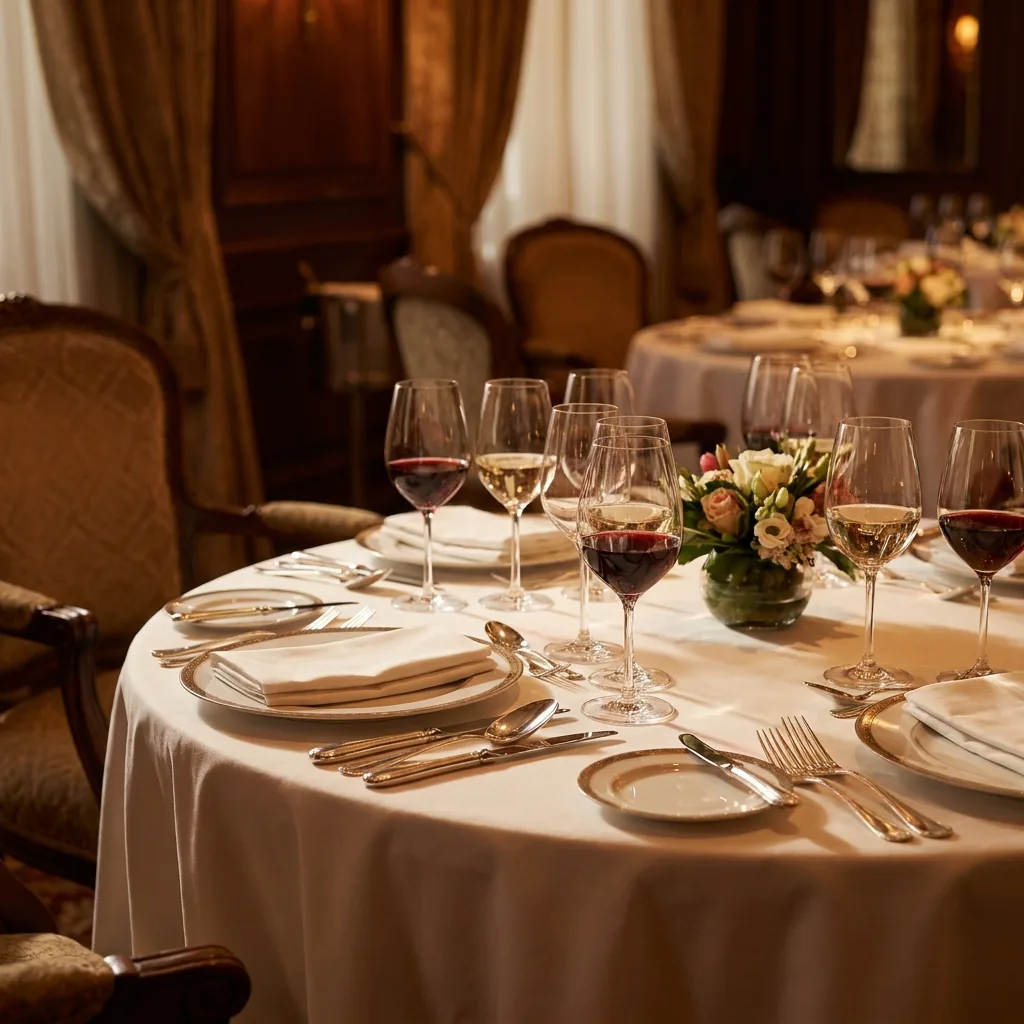 Elegant fine-dining table with one wine glass slightly out of place