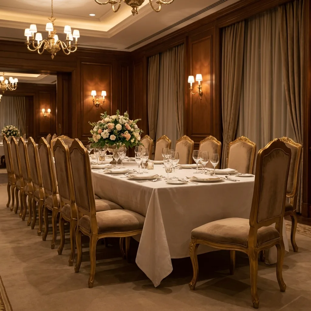 Luxury banquet room with one chair slightly out of alignment