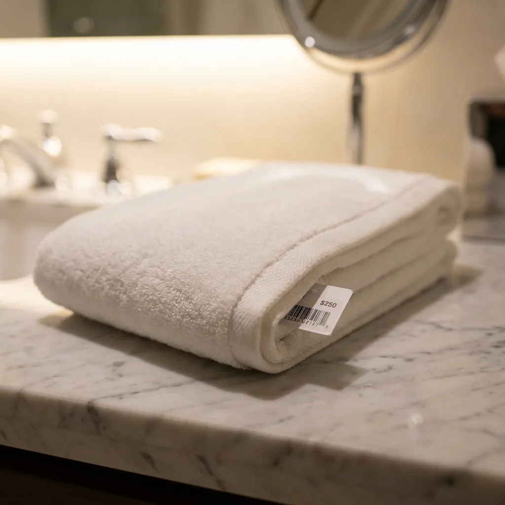 Luxury hotel amenity on marble with a tiny price tag visible